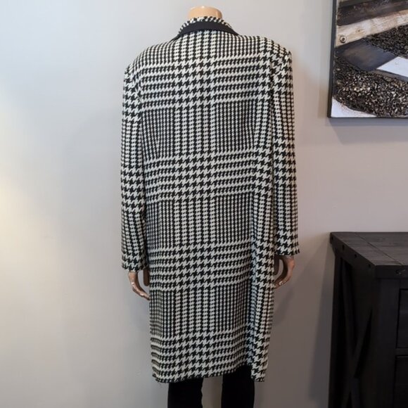Vintage Houndstooth Overcoat Trench Duster Jacket Open Front Mid Length 80s 90s - Picture 5 of 13